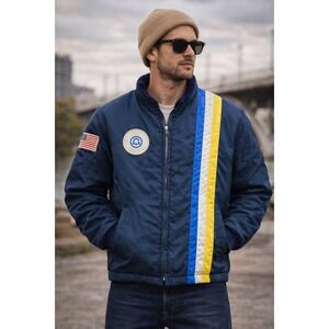 Vintage Bell System Navy Blue Bomber Jacket Sherpa Lined Racing Stripe Mens